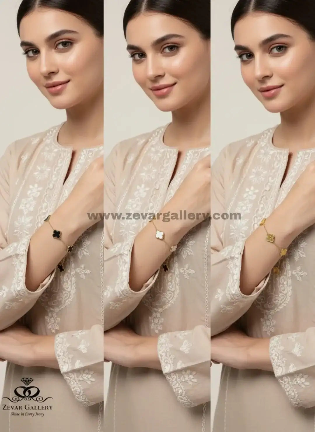 Trio of Zevar Gallery stainless steel clover bracelets in black, white, and gold 