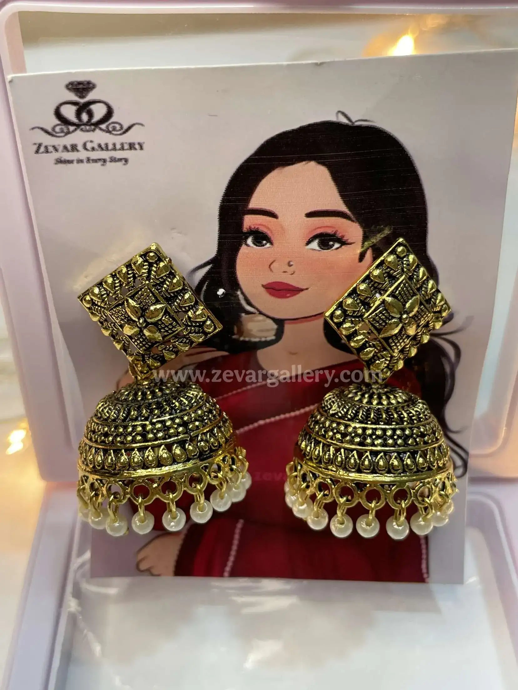 Antique Gold Square Stud Jhumka Earrings with Pearl Drops