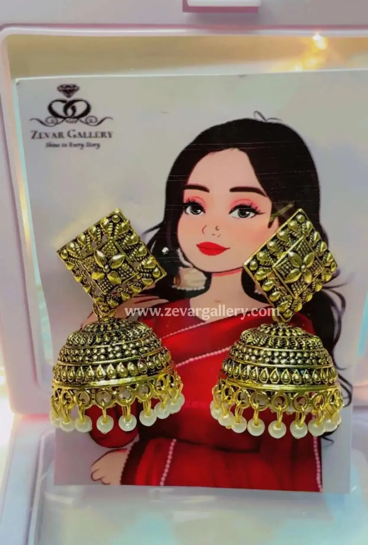 Antique Gold Square Stud Jhumka Earrings with Pearl Drops