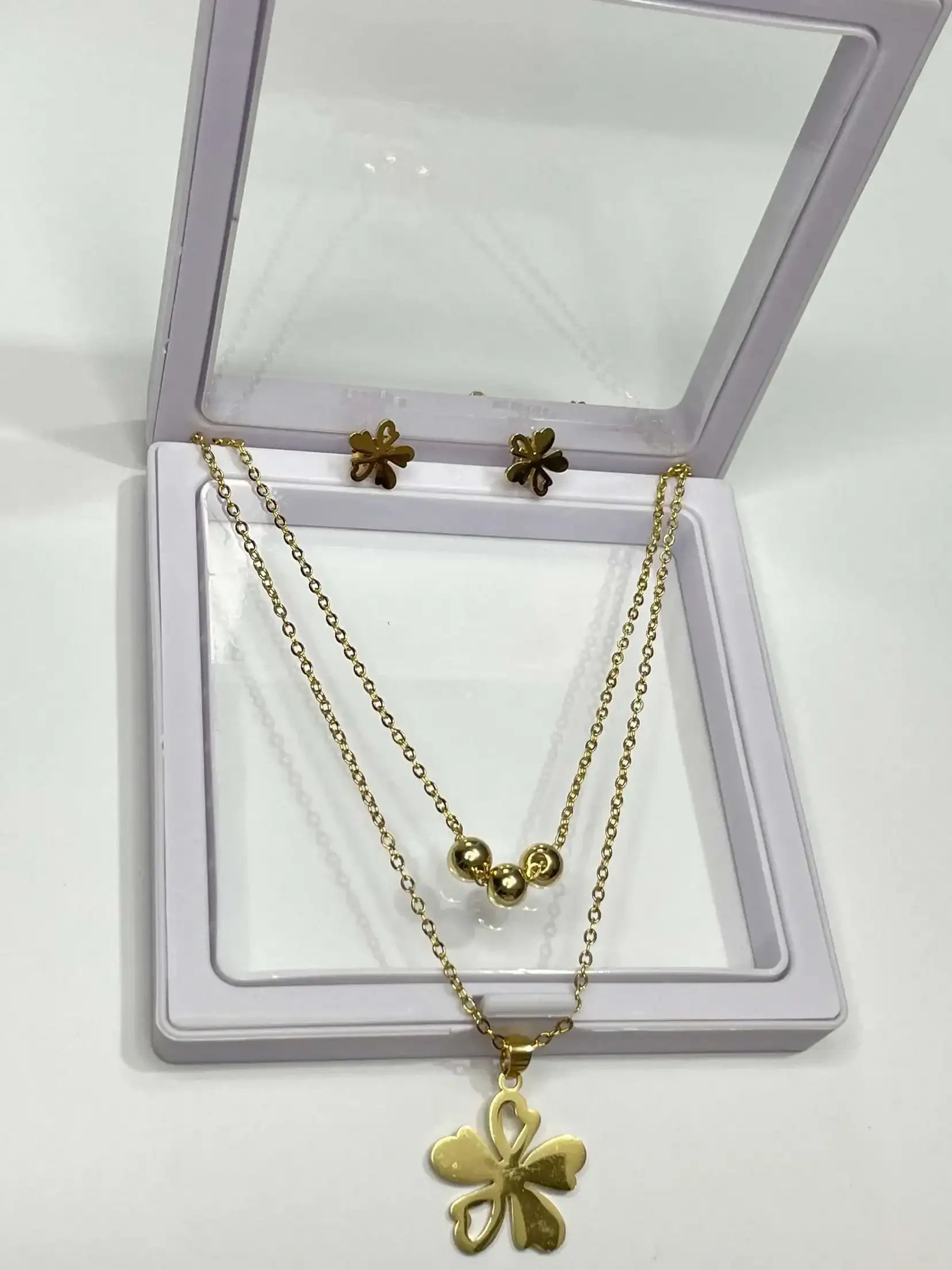 Double Layer Flower Pendant Necklace with Earrings -Zevar Gallery