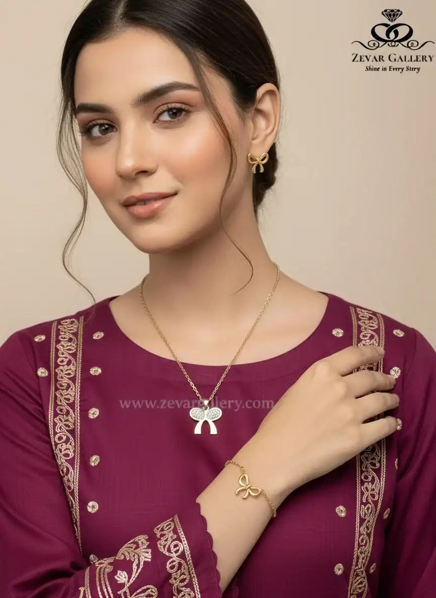 Stylish bow-shaped necklace and stud earrings set, perfect for everyday or special occasions.