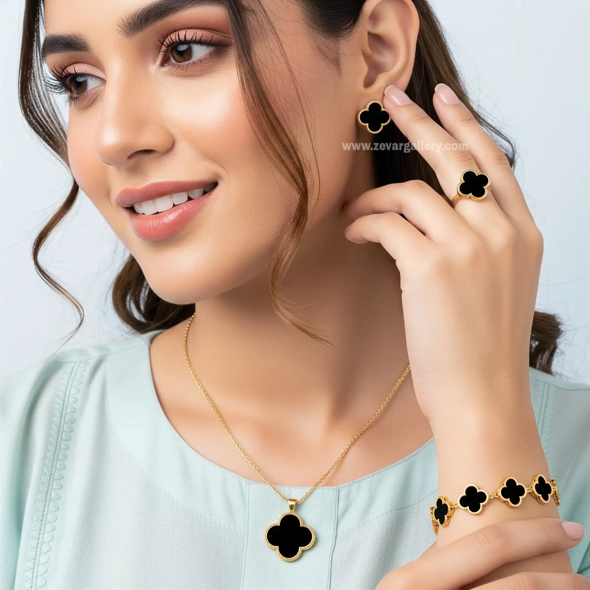 Black Clover Jewellery Set – Stainless Steel with Adjustable Ring