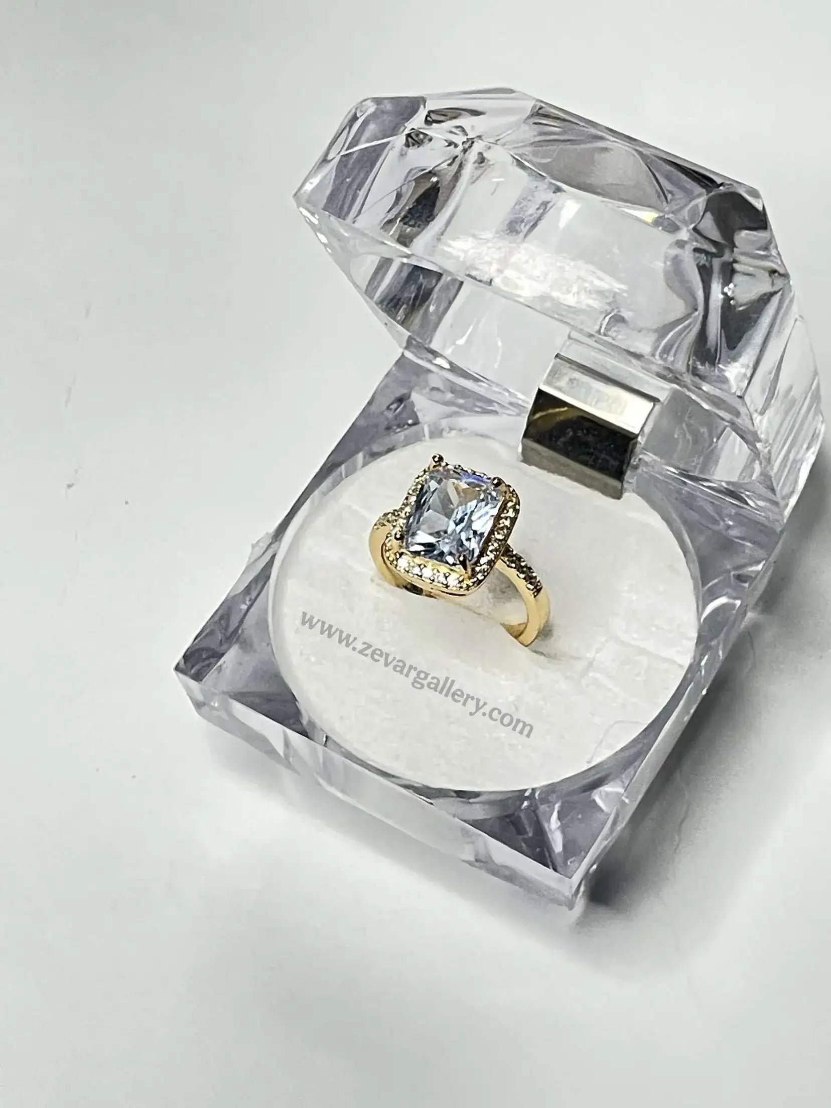 Golden party wear cushion crystal zircon ring with elegant halo design - Zevar Gallery