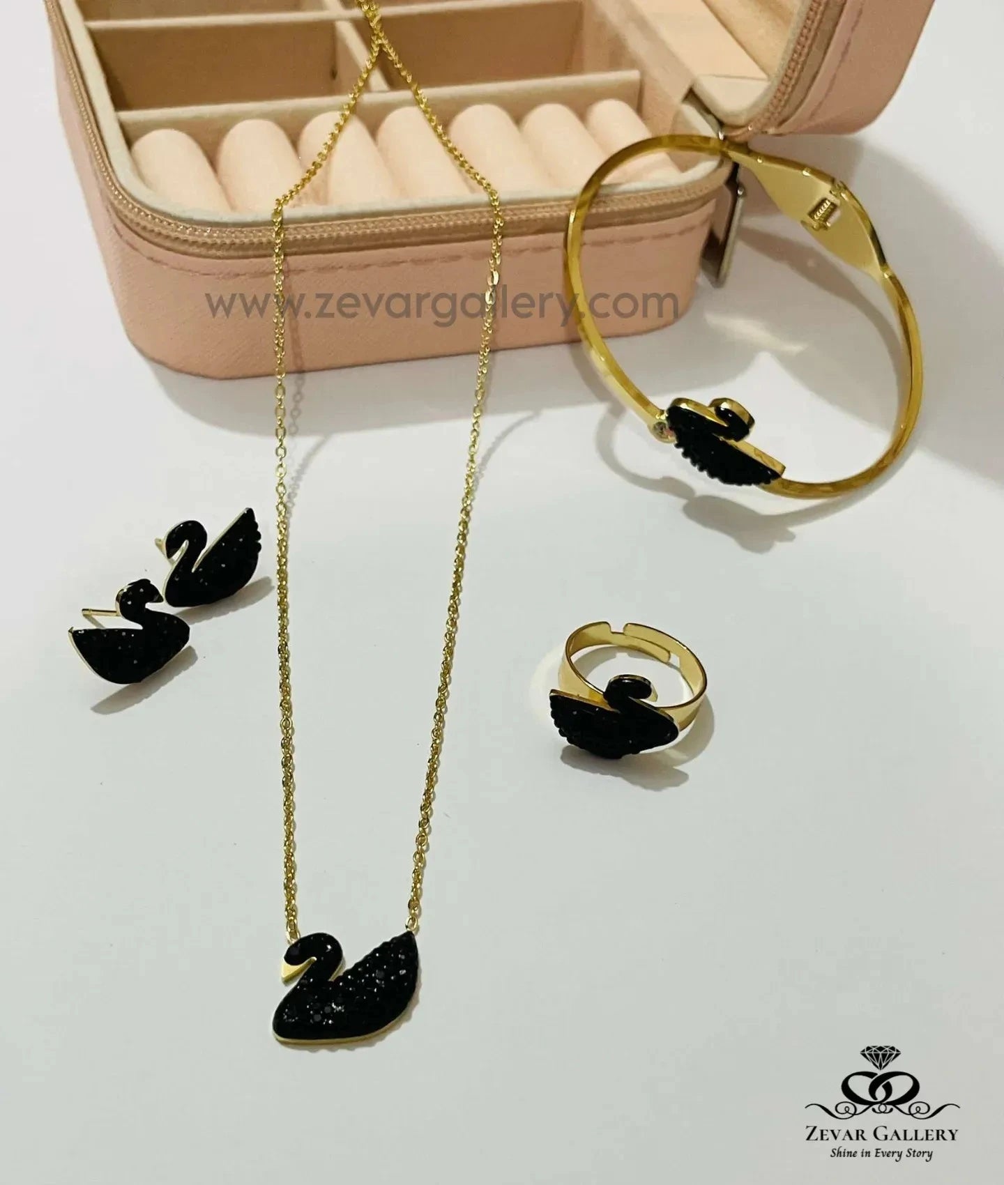 Zevar Gallery Black Swan 4-piece stainless steel jewellery set with pendant, bracelet, ring, and stud earrings – elegant black design