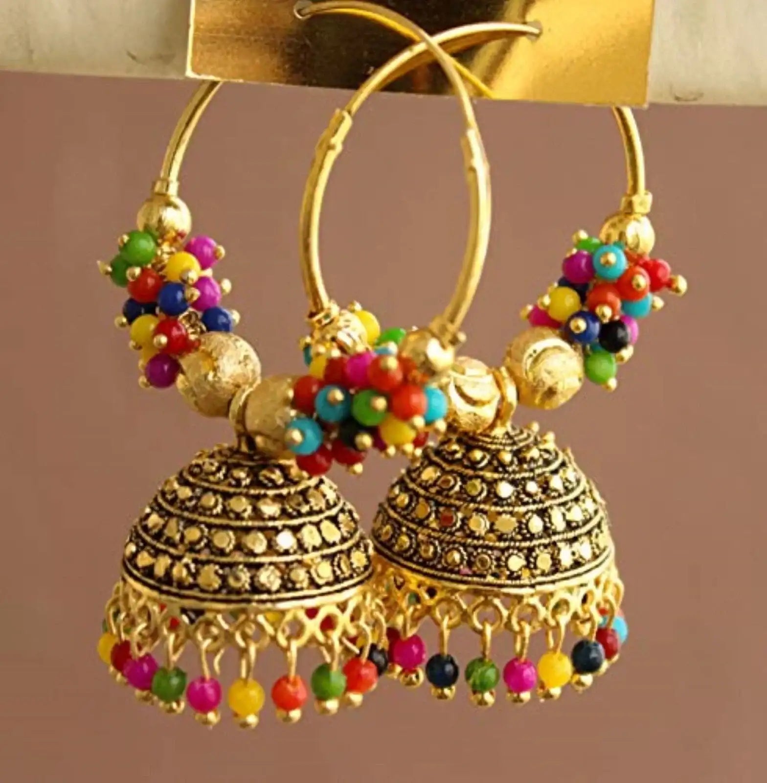 Ethnic Gold Oxidized Jhumka Earrings with Colorful Beads