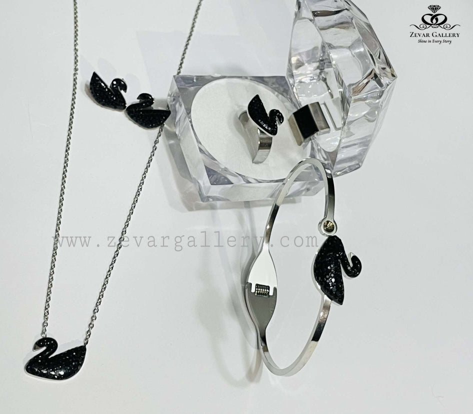 Zevar Gallery Black Swan 4-piece stainless steel jewellery set with pendant, bracelet, ring, and stud earrings – elegant black design