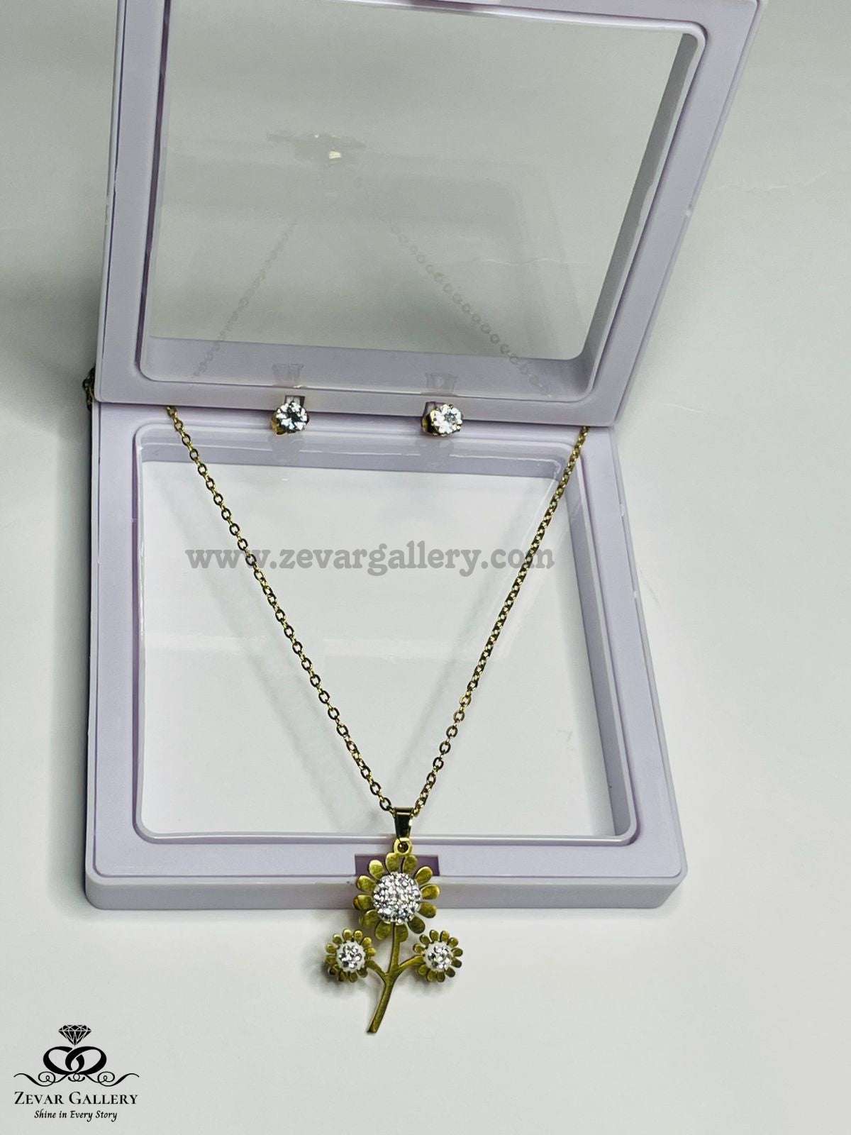Gold Color Flower Pendant Necklace with CZ Stud Earrings – Zevar Gallery