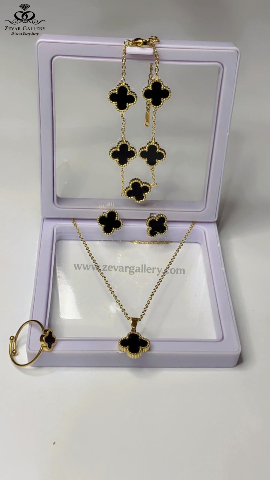 Black Clover Jewellery Set – Stainless Steel with Adjustable Ring