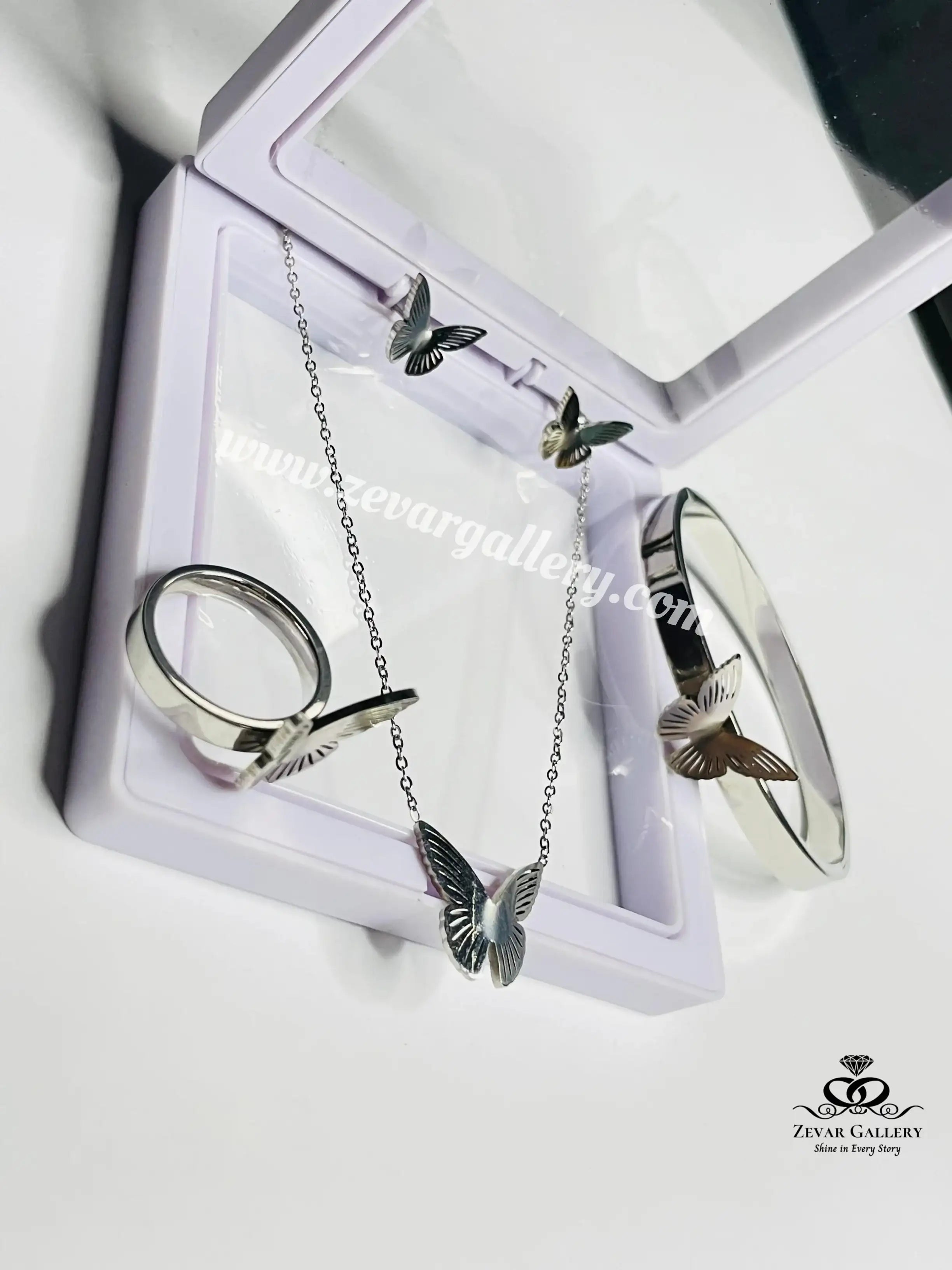 Butterfly stainless steel 4-piece jewelry set with necklace, bracelet, ring and earrings – waterproof, anti-tarnish design by Zevar Gallery