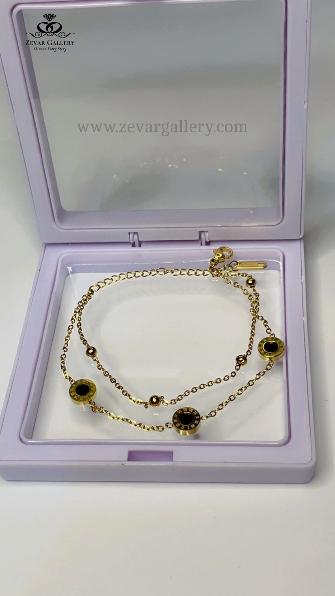 "Zevar Gallery double layer stainless steel bracelet with black round charms for women – elegant jewelry"